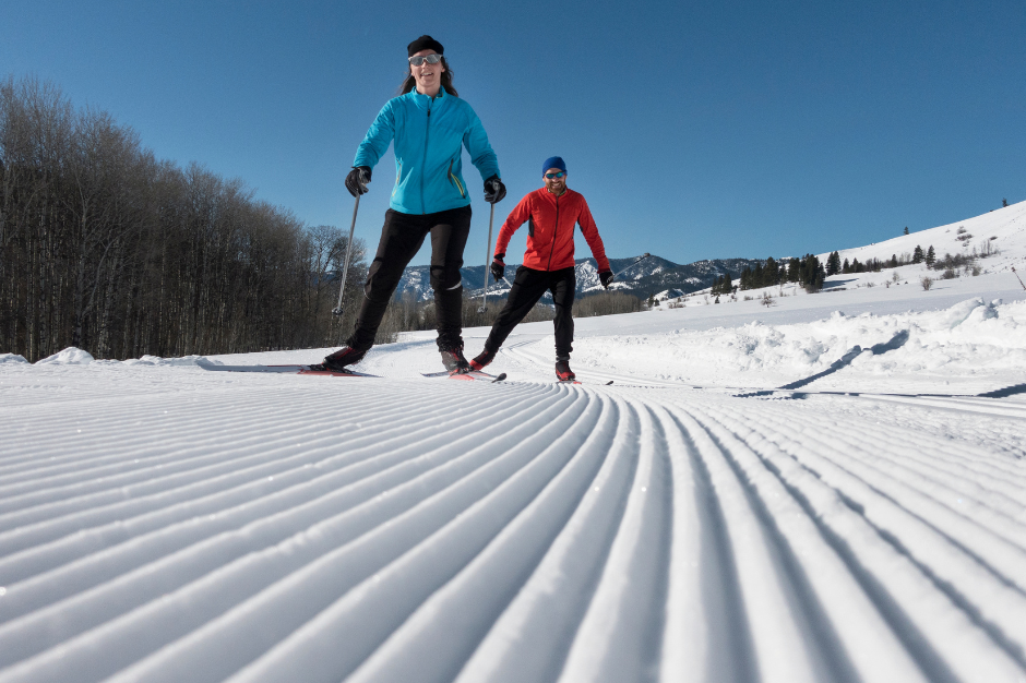 Groomed cross-country skiing trails winding through a peaceful park with snow-dusted trees in the background.