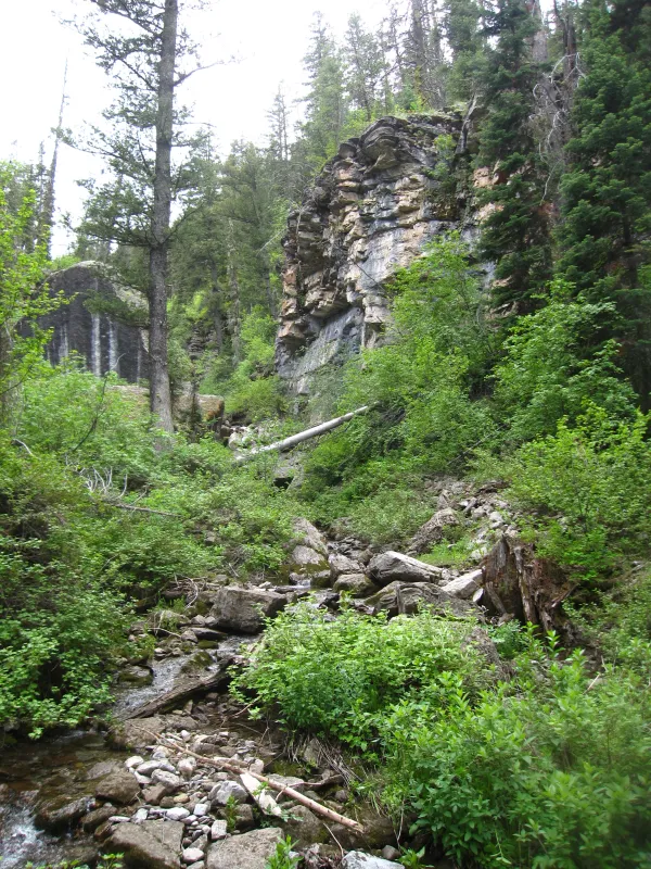 A waterfall cascading over the mouth of a large limestone cave surrounded by lush green forest and rocky cliffs. Waterfall at Darby Wind Caves